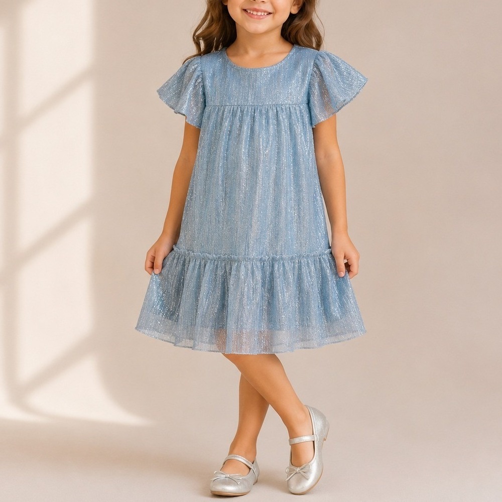 Crewcuts Sparkle Tiered Dress Metallic Shimmer Flutter Light Blue BU314 5 EUC